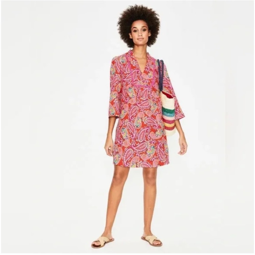 Boden 100% Linen Evangeline Red Paisley Tunic Shift Style Dress Coverup, Sz 2